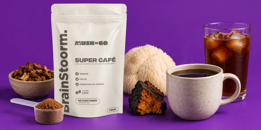 Mush N Go Brainstoorm Coffee tasak adagolókanállal, egy csésze meleg és egy pohár jeges ital, pörkölt cikória, fehér süngomba és fekete chaga mellett