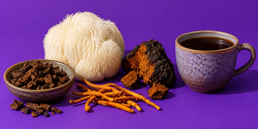 Pörkölt cikória tálkában, fehér süngomba, fekete chaga és narancssárga cordyceps egy csésze sötét ital mellett lila háttér előtt