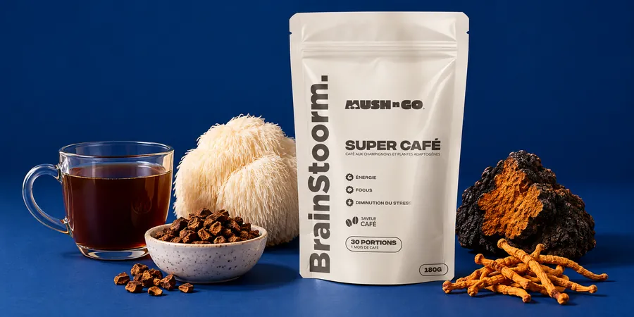 Mush N Go Brainstoorm Coffee tasak pörkölt cikória, fehér süngomba, fekete chaga és narancssárga cordyceps mellett, sötét itallal teli csészével