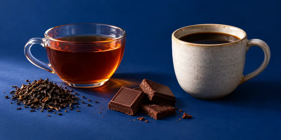 Üvegcsésze fekete tea, laza tealevelek, étcsokoládé-kockák és egy csésze sötét cikóriaital sötétkék háttér előtt