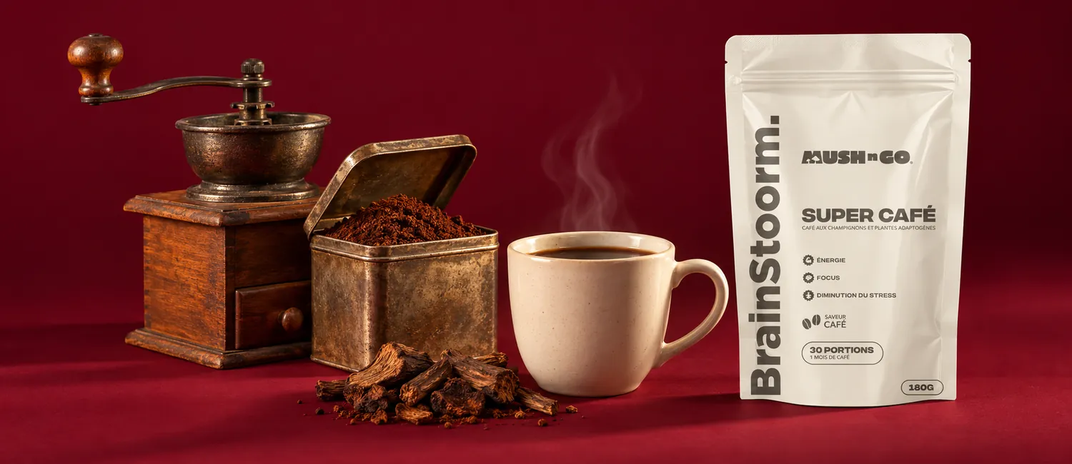Régi kézi kávédaráló, felirat nélküli bádogdoboz, pörkölt cikóriadarabok és a Mush N Go Brainstoorm Coffee tasakja egy csésze sötét ital mellett